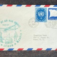Sellos: D)1960, UNITED NATIONS, CIRCULAR LETTER FROM THE UNITED NATIONS TO NEW YORK, AIR MAIL, FIRST JET AIR