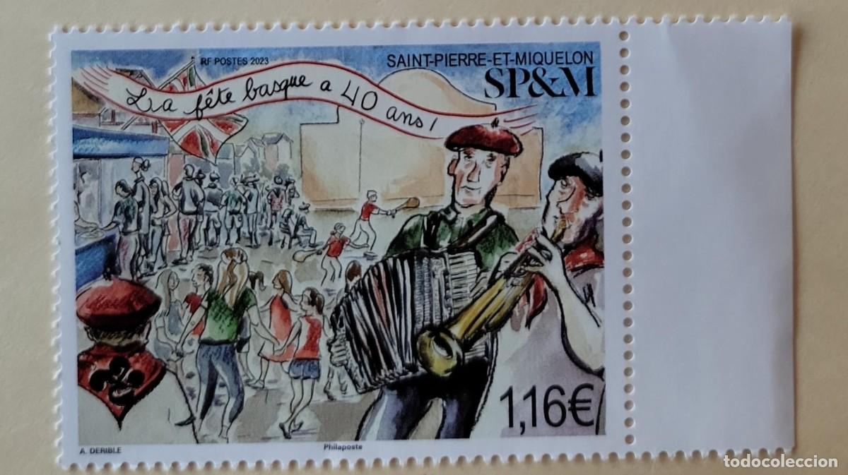 Stamps: O) 2023 SAINT PIERRE AND MIQUELON, ANNIVERSARY OF THE BASQUE PARTY - CELEBRATION, MUSICAL INSTRUME
