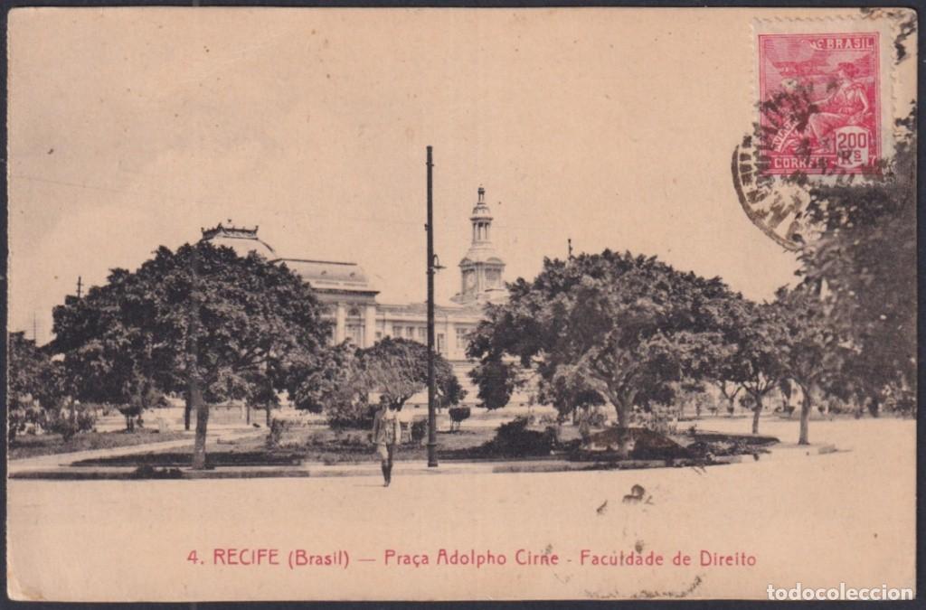 Stamps: F-EX32611 BRAZIL POSTCARD RECIFE ADOLPHO CIRNE SQUARE LAW SCHOOL TO SPAIN.
