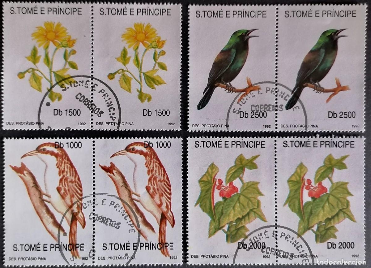Sellos: SANTO TOM&Eacute; 1992 - AVES / FLORES = - Foto 1