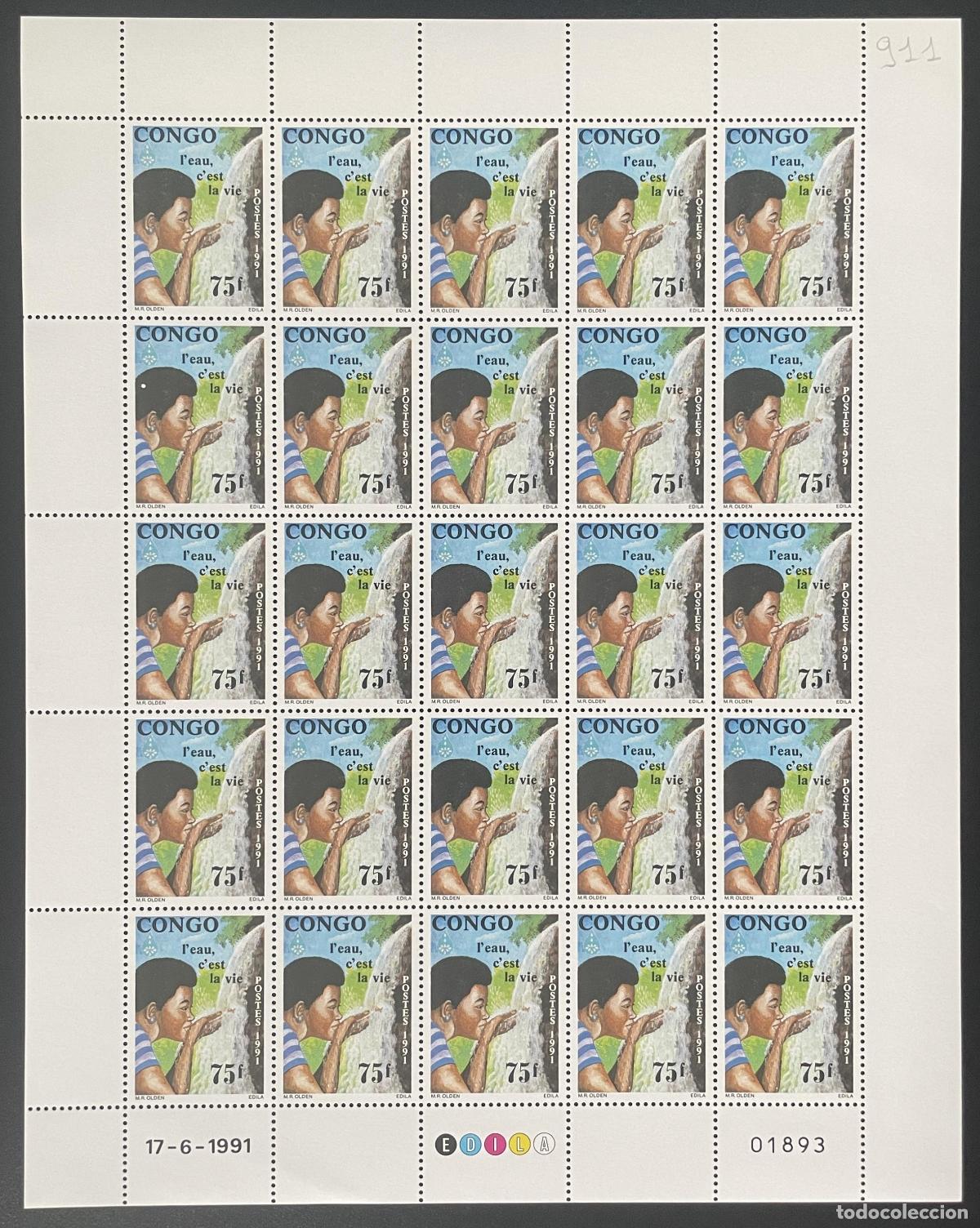 Sellos: Congo 1991 YT 911 tabl&oacute;n agua vida ni&ntilde;os beben conciencia hidrataci&oacute;n