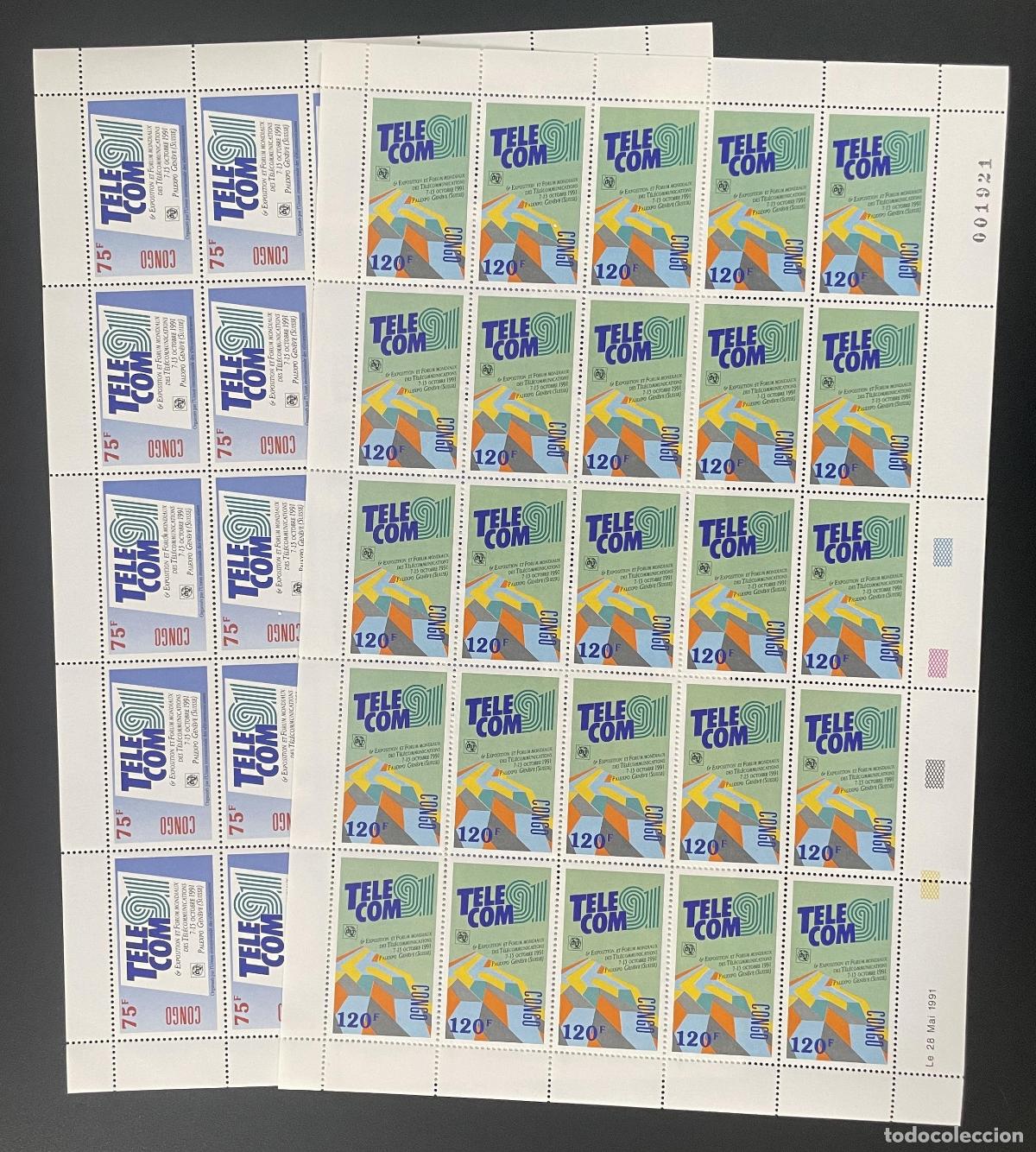 Sellos: Congo 1991 YT 905-906 tabl&oacute;n TELECOM Tecnolog&iacute;a de sat&eacute;lites telecomunicaciones