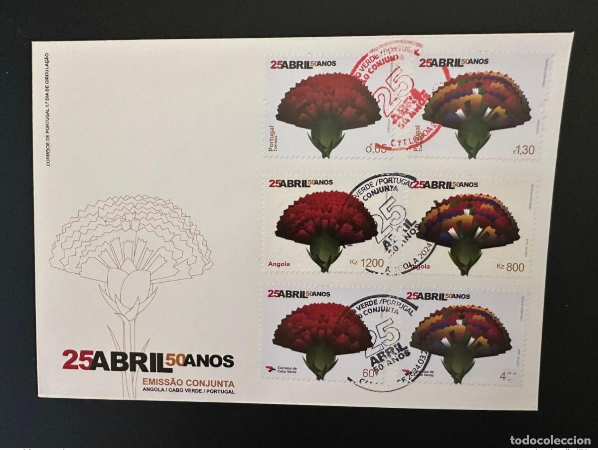 Sellos: Portugal Angola Cabo Verde 2024 mixto FDC 25 de abril emisi&oacute;n conjunta flor