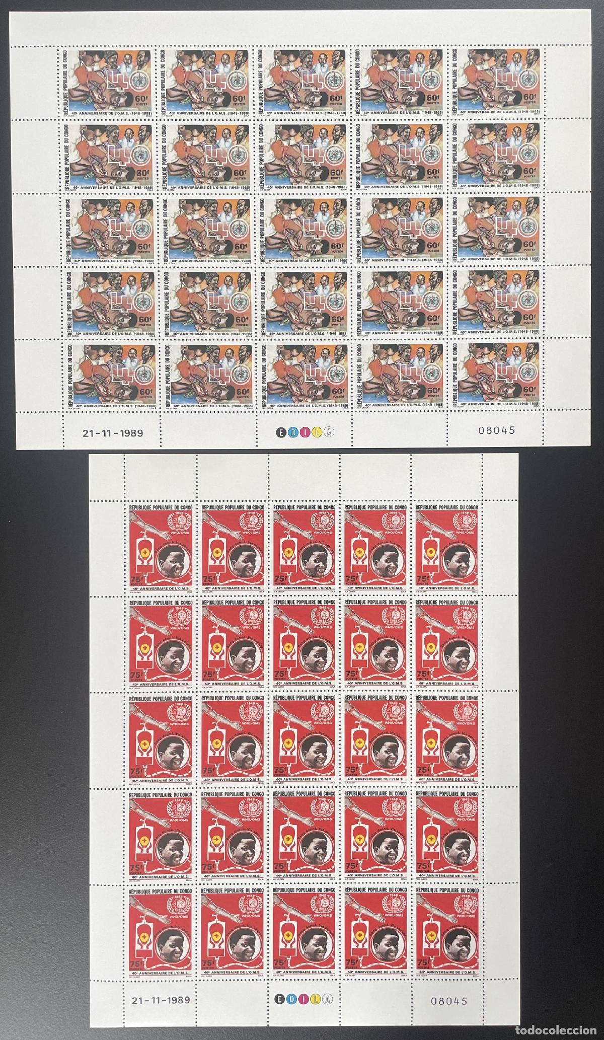 Sellos: Congo 1989 YT 851-852 tabl&oacute;n OMS salud medicina vacunaci&oacute;n
