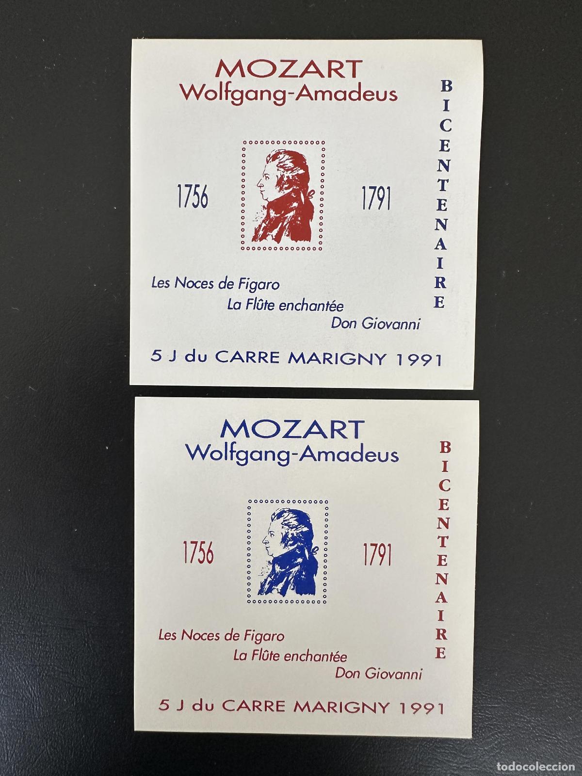 Sellos: Francia 1991 Bloque Carr&eacute; Marigny n.&ordm; 3 rojo y azul M&uacute;sica de Wolfgang Amadeus Mozart