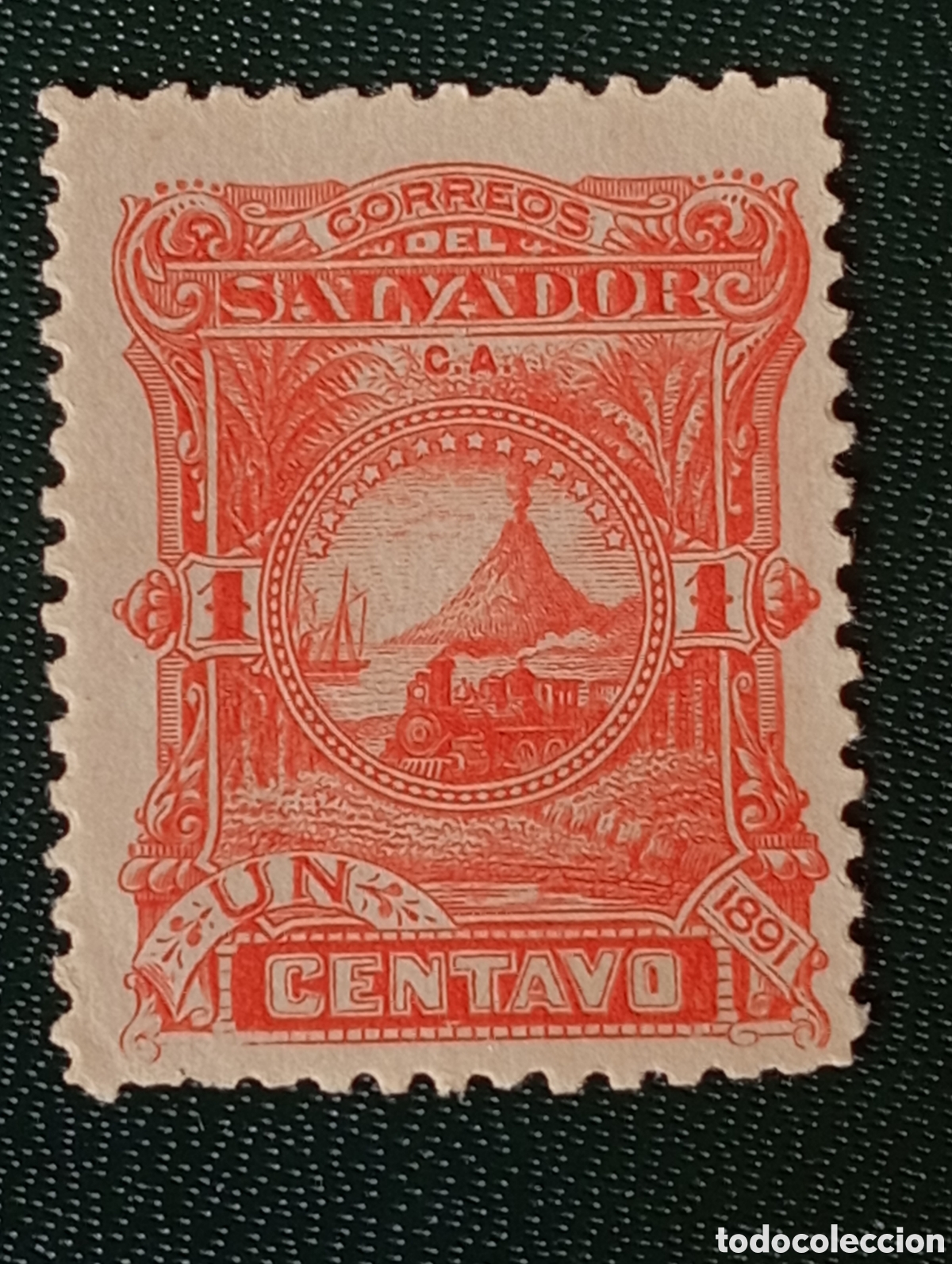 Sellos: 1891 El Salvador 1c Locomotora y Volc&aacute;n San Miguel - Scott #47 MH