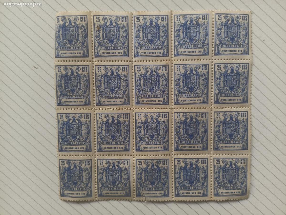 Sellos: 20 timbres fiscales nuevos en bloque, con coma. 25 c&eacute;ntimos