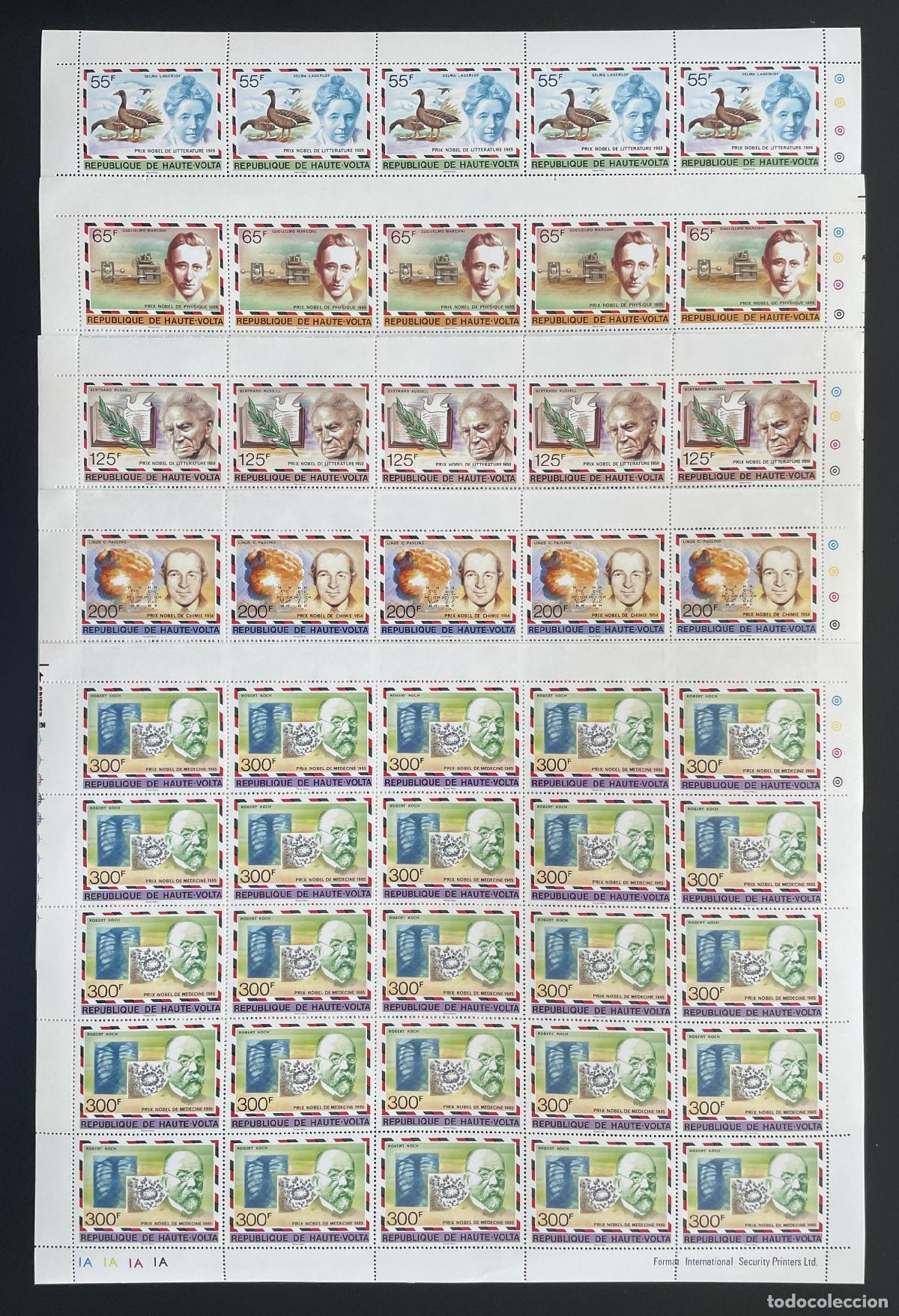 Sellos: Alto Volta 1977 YT 428-432 bloque Premio Nobel Marconi Russell Pauling Koch