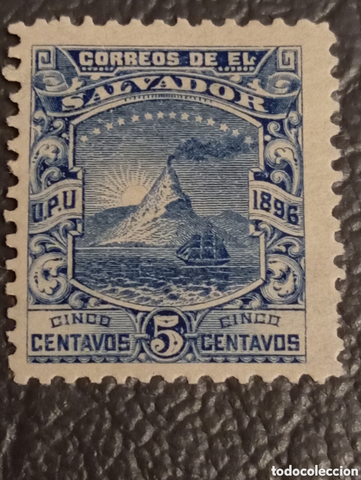 Sellos: El Salvador 1896 - 5c Azul Volc&aacute;n y Barco - Scott #157 - MH