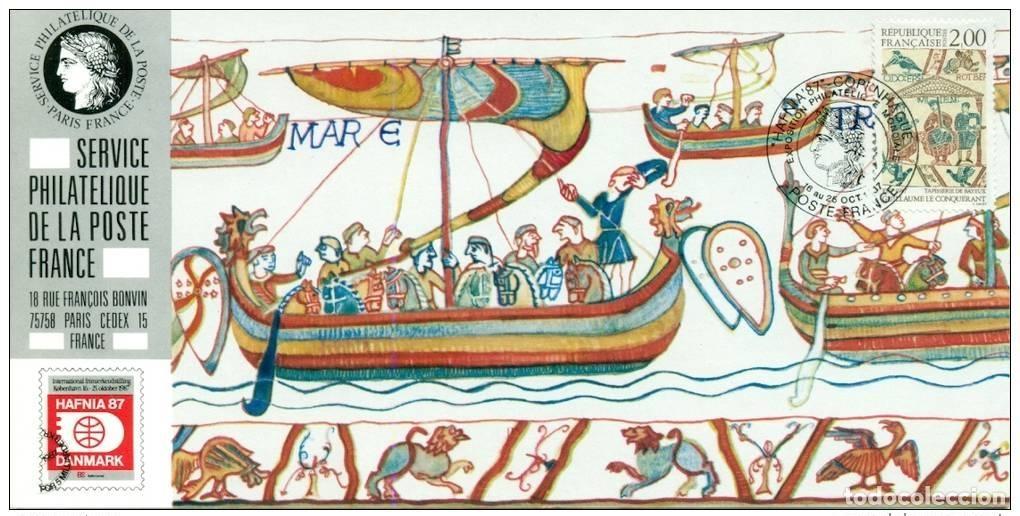 Sellos: 040 Mapa oficial Exposici&oacute;n Hafnia FDC 1987 Francia Bayeux Tapiz