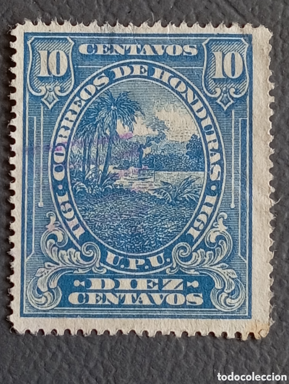 Sellos: 1911 Honduras - Sello 10c Azul, Paisaje de Barco a Vapor (Cat. Scott #119)