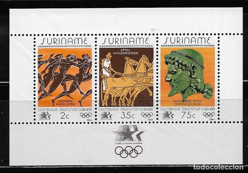 Sellos: SURINAME 1984, HOJA BLOQUE Ivert 42 - JUEGOS OL&Iacute;MPICOS DE VERANO - LOS ANGELES 84 . MNH.