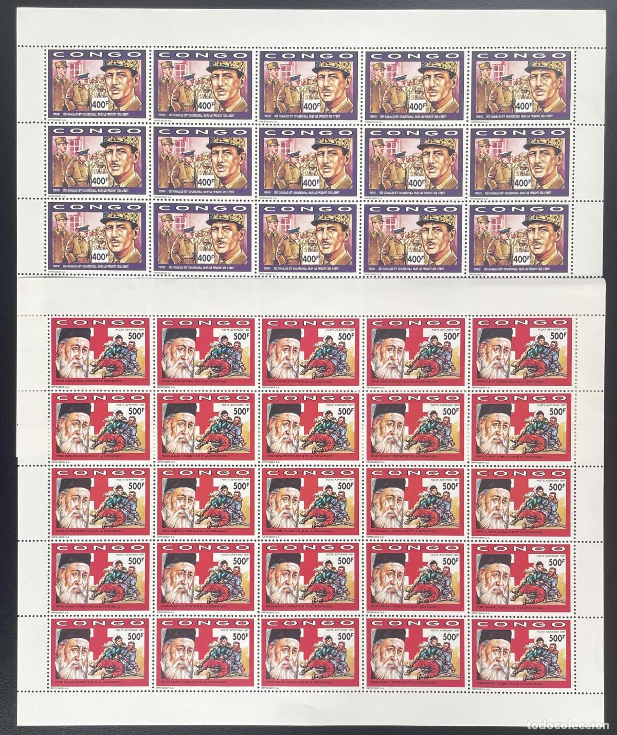 Sellos: Congo 1991 YT PA 407-408 tabl&oacute;n General De Gaulle Churchill Croix-Rouge Dunant