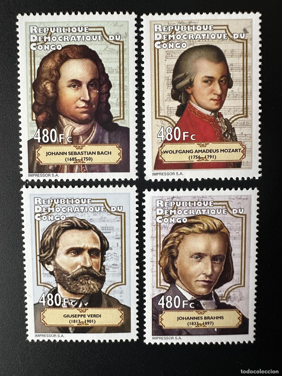 Sellos: Congo Kinshasa 2012 Mi. 2146 - 2149 M&uacute;sicos Compositores Mozart Verdi Bach