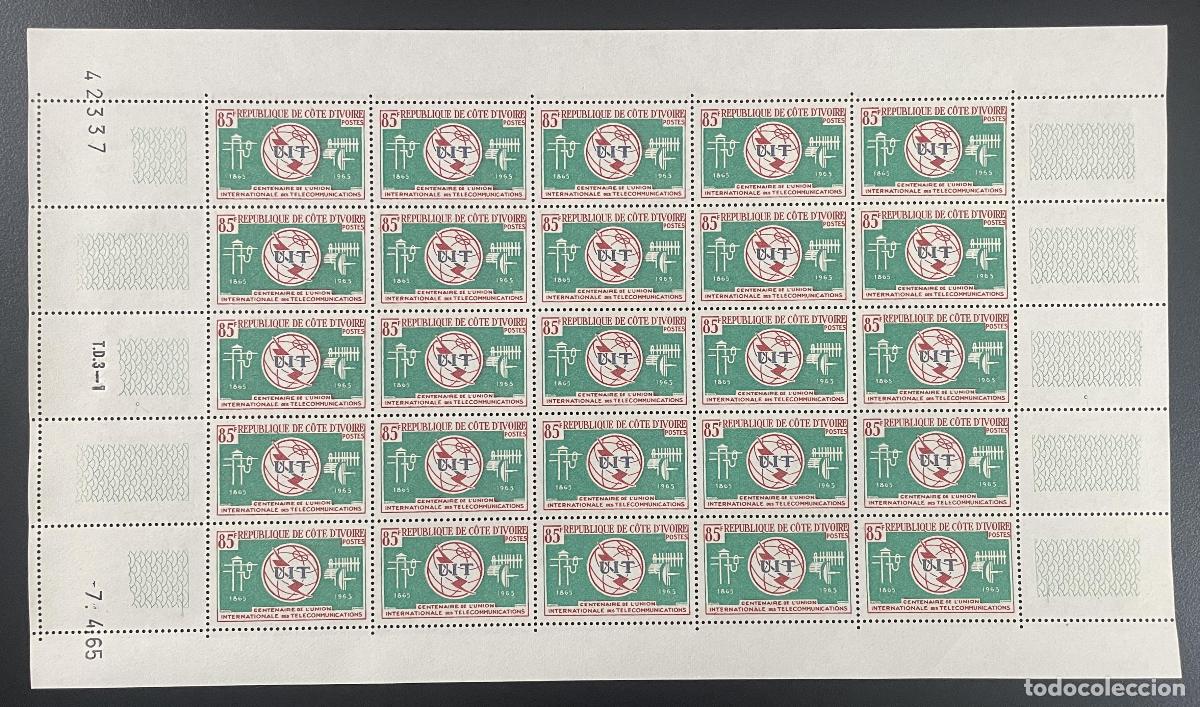 Sellos: Costa de Marfil 1965 YT 235 tabl&oacute;n UIT telecomunicaciones centenario globo