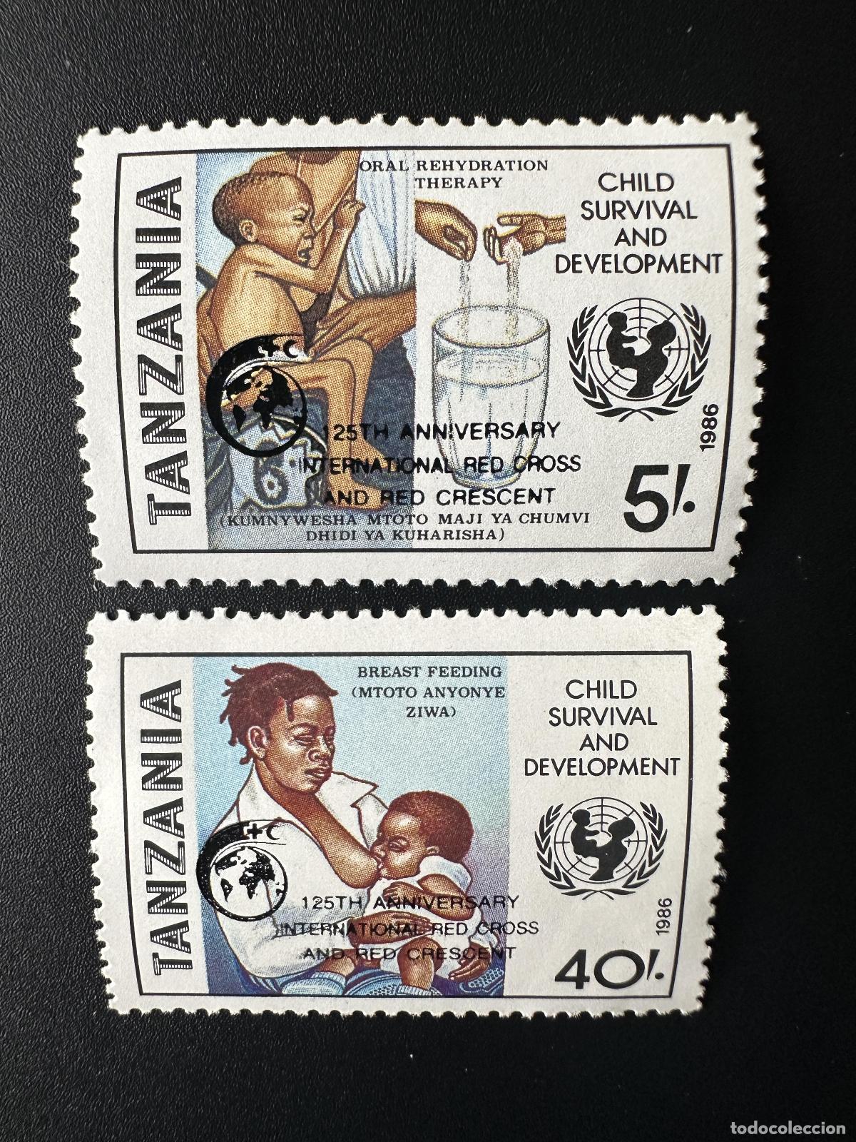 Sellos: Tanzania 1988 Mi. 463 - 464 sobrecargados UNICEF Ni&ntilde;os Cruz Roja