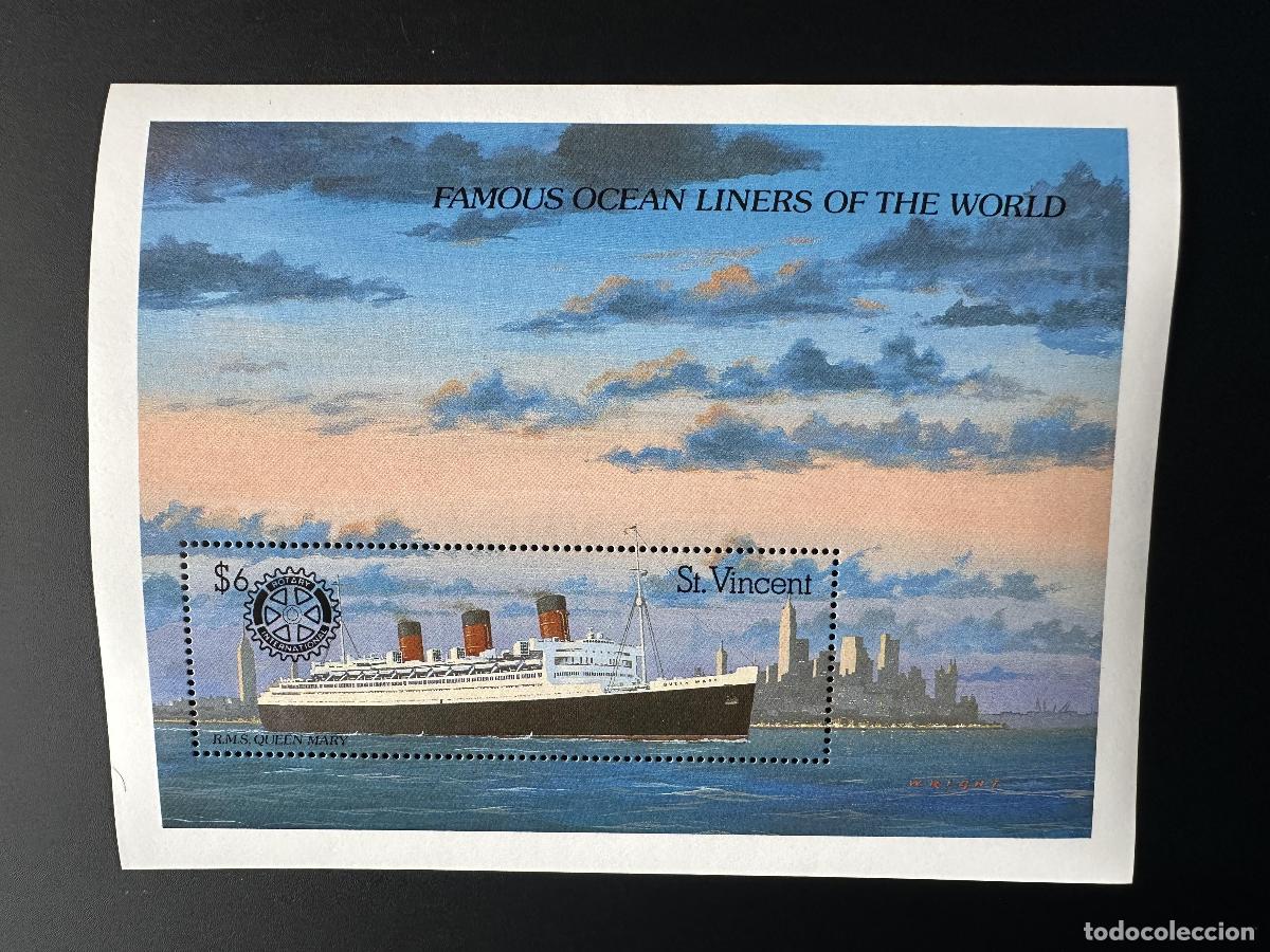 Sellos: San Vicente 1990 Mi. Bl. 104 sobrecargado el Rotary Club RMS Queen Mary Paquebot