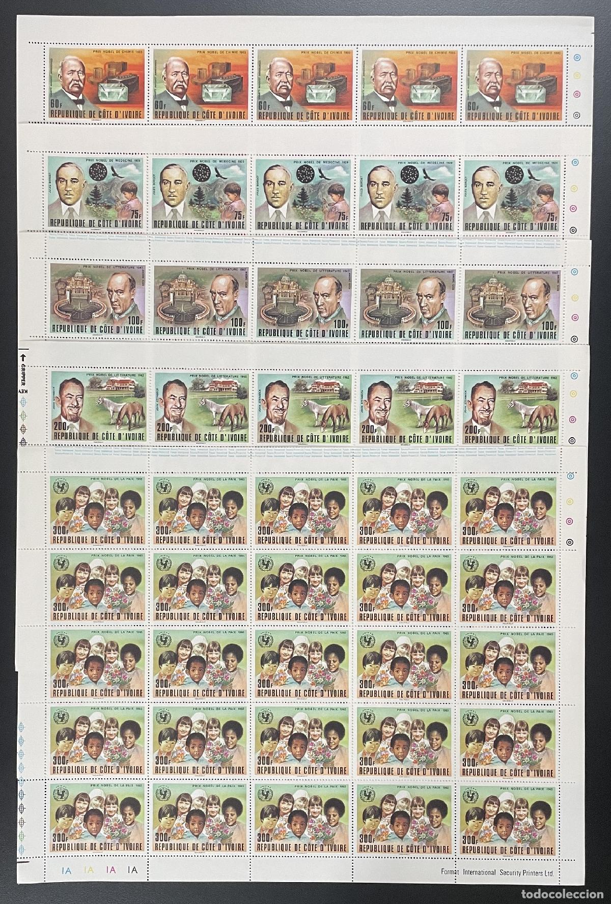 Sellos: Costa de Marfil 1978 YT 451-455 tabl&oacute;n Nobel Qu&iacute;mica Medicina Literatura UNICEF
