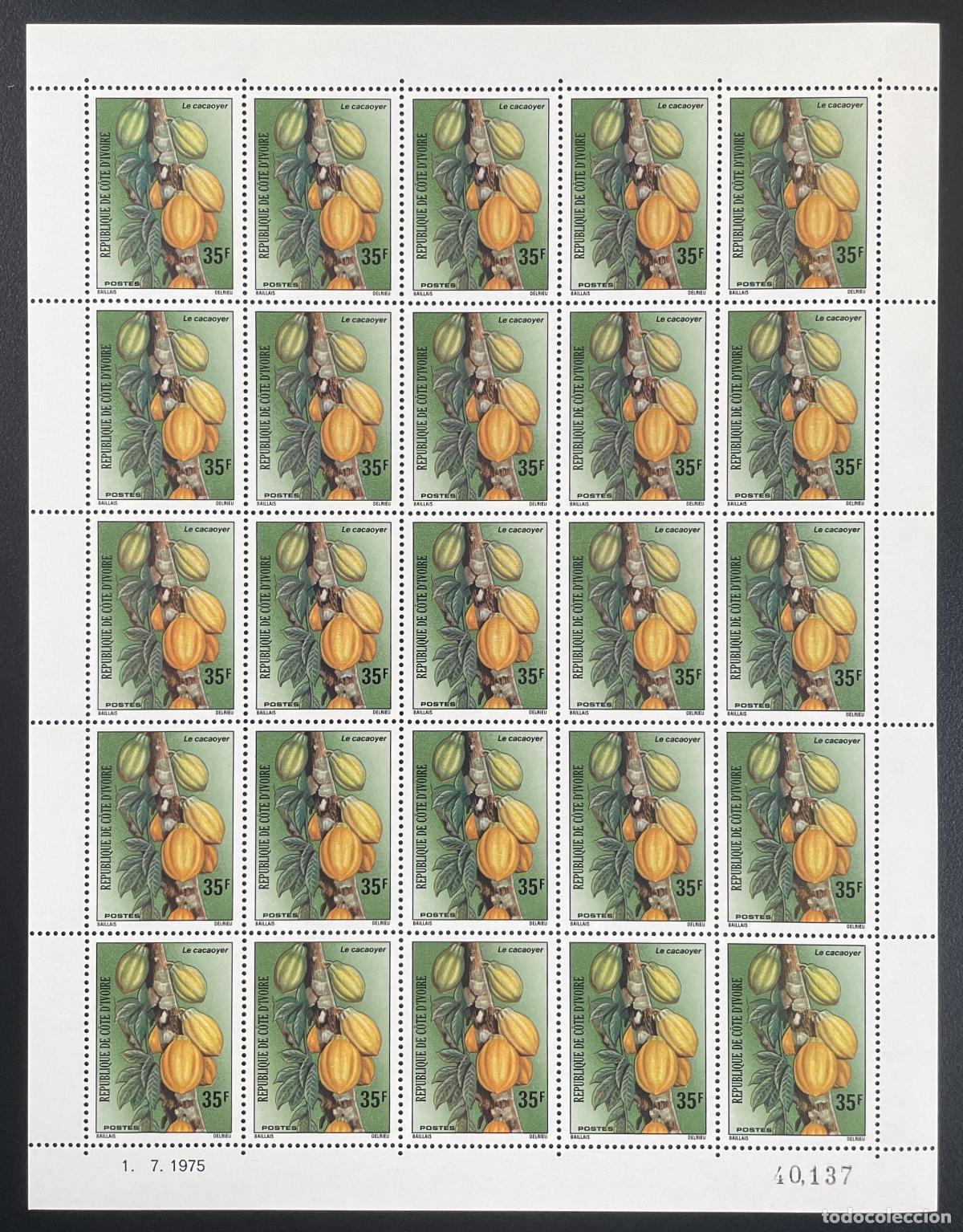 Sellos: Costa de Marfil 1975 YT 392 tabl&oacute;n cacao &aacute;rbol fruta agricultura bot&aacute;nica