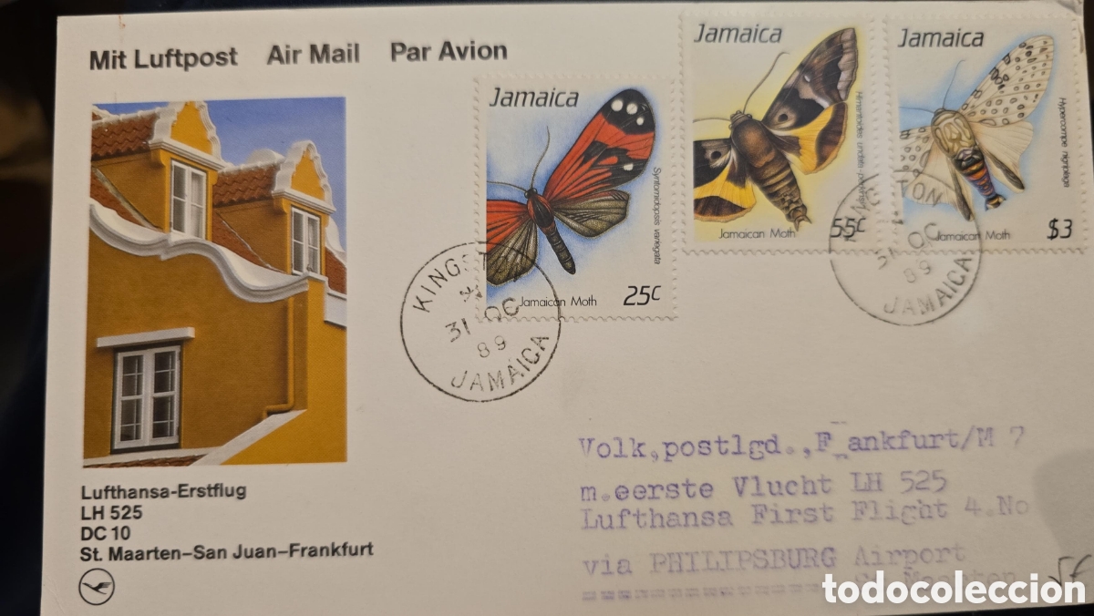 Sellos: CA)Jamaica 1989 Lufthansa First Flight Cover &ndash; Jamaican Moths . This commemorative airmail cov