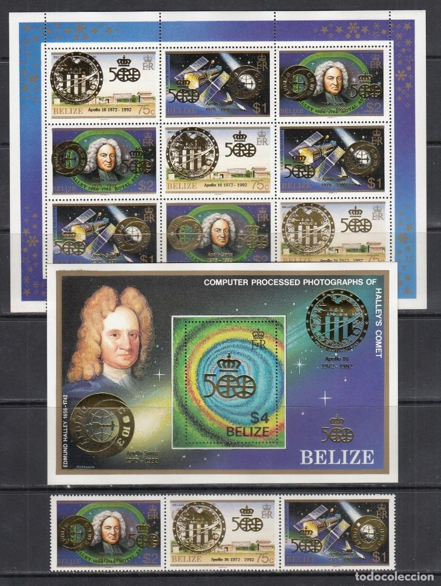 Sellos: BELIZE 1992 2 SHEETS + 3 STAMPS MNH OVERPRINTED GOLD APOLLO SOYUZ EDMUND HALLEY APOLLO 16 ESPACIO