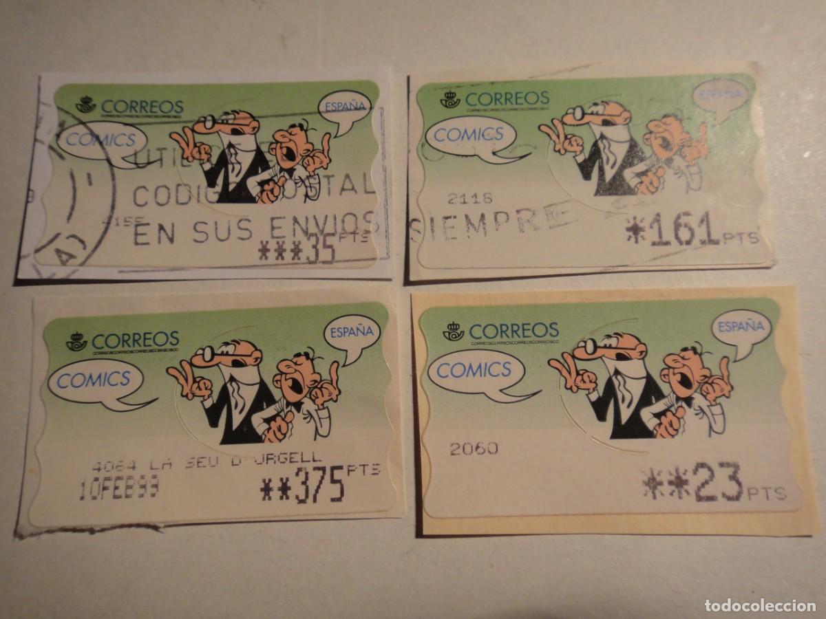 Sellos: Espa&ntilde;a- 4 A.T.M. Mortadelo y Filem&oacute;n, Valor arriba y abajo , usados y 1 nuevo. y con fecha . Rf 9042
