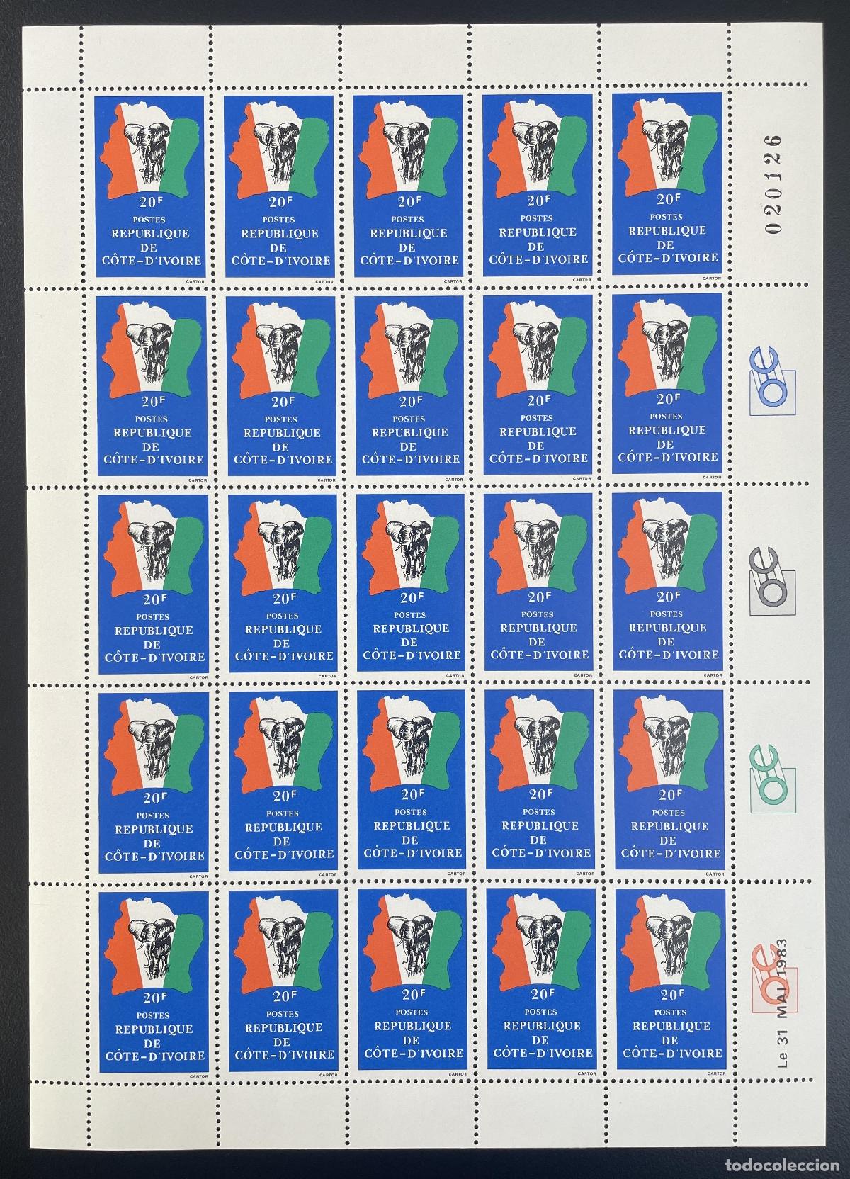 Sellos: Costa de Marfil 1983 YT 666 tabl&oacute;n elefante mapa bandera actual