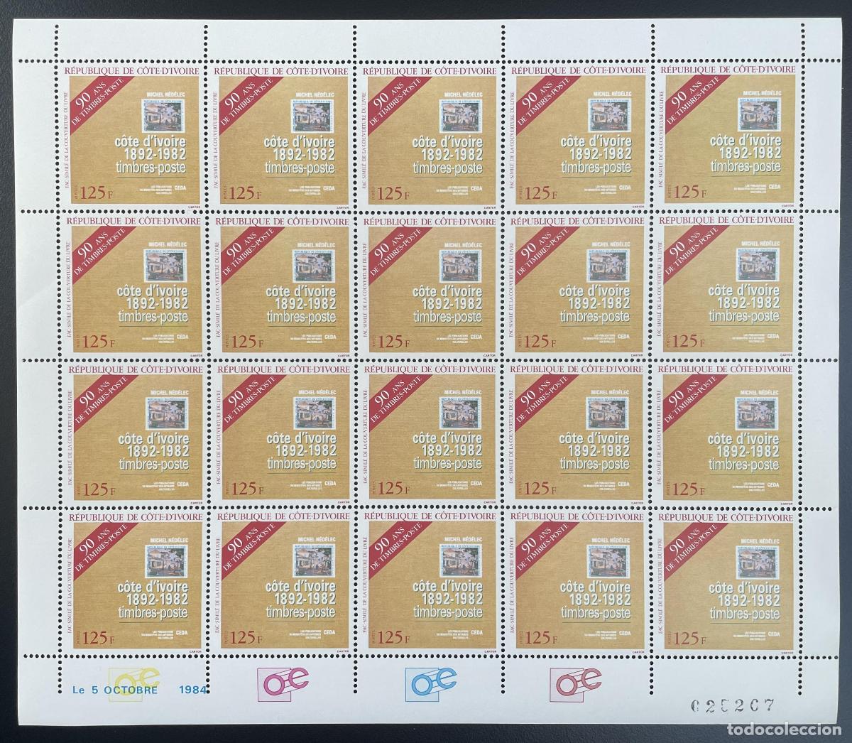 Sellos: Costa de Marfil 1984 YT 702 tabl&oacute;n 90 a&ntilde;os sellos postales philat&eacute;lie N&eacute;d&eacute;lec