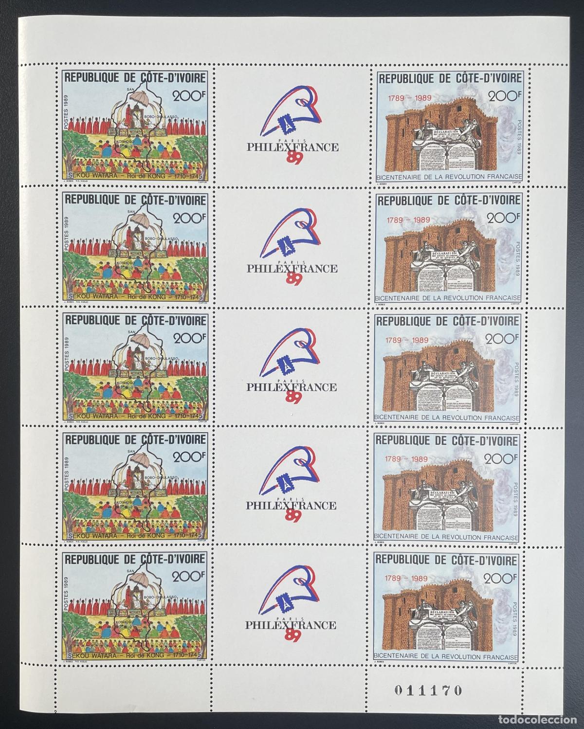 Sellos: Costa de Marfil 1989 YT 832A tabl&oacute;n Revoluci&oacute;n Francesa Bastille Philex-Francia