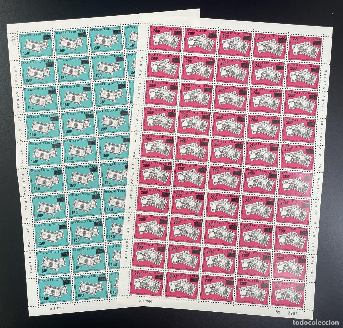 Sellos: Costa de Marfil 1991 YT 874-875 billetes tabl&oacute;n sobrecargados &Aacute;frica