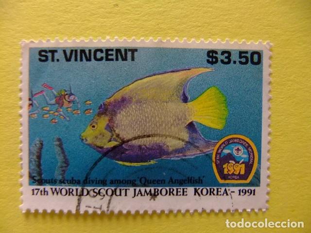 Sellos: 52 ST. VINCENT 1991 / WORLD SCOUT JAMBOREE KOREA buzo y pez / YVERT 1336 FU