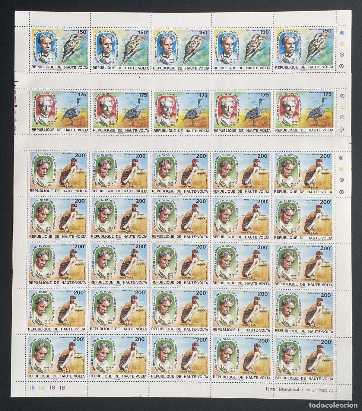 Sellos: Alto Volta 1975 YT PA 190-192 bloque Schweitzer aves centenario rapaces
