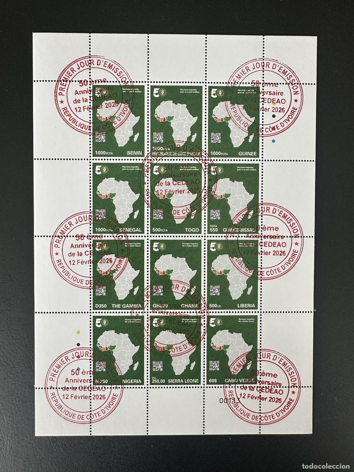 Sellos: CEDEAO ECOWAS 2026 FDC HB 12 pa&iacute;ses 50 a&ntilde;os siameses emisi&oacute;n conjunta