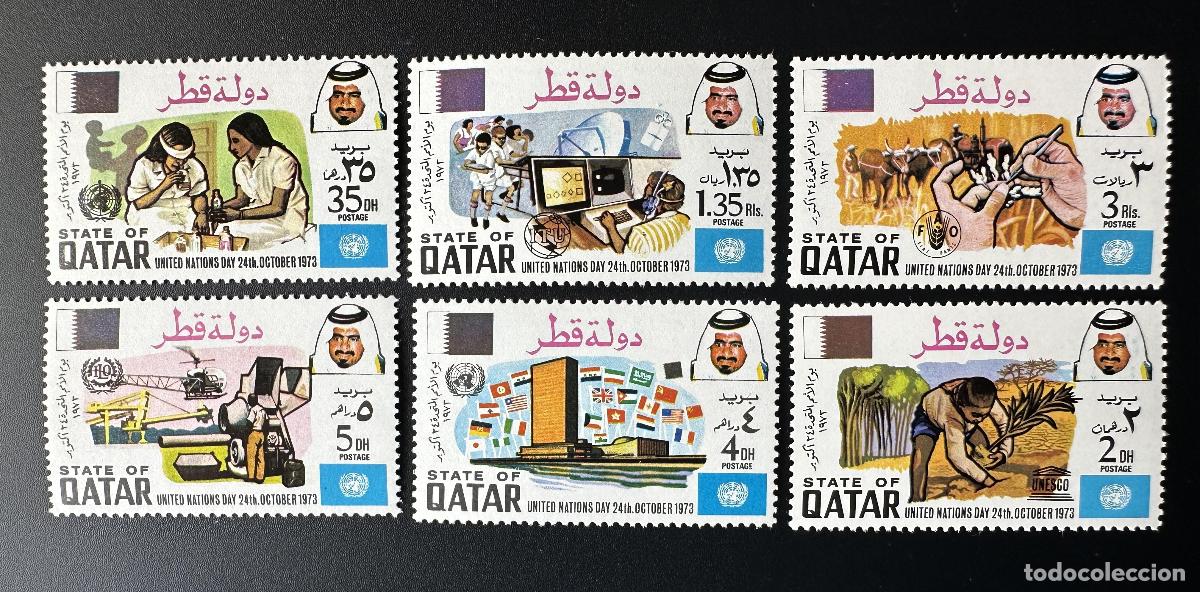 Sellos: Qatar 1973 Mi. 573 - 578 D&iacute;a de las Naciones Unidas UIT FAO Medicina y Agricultura