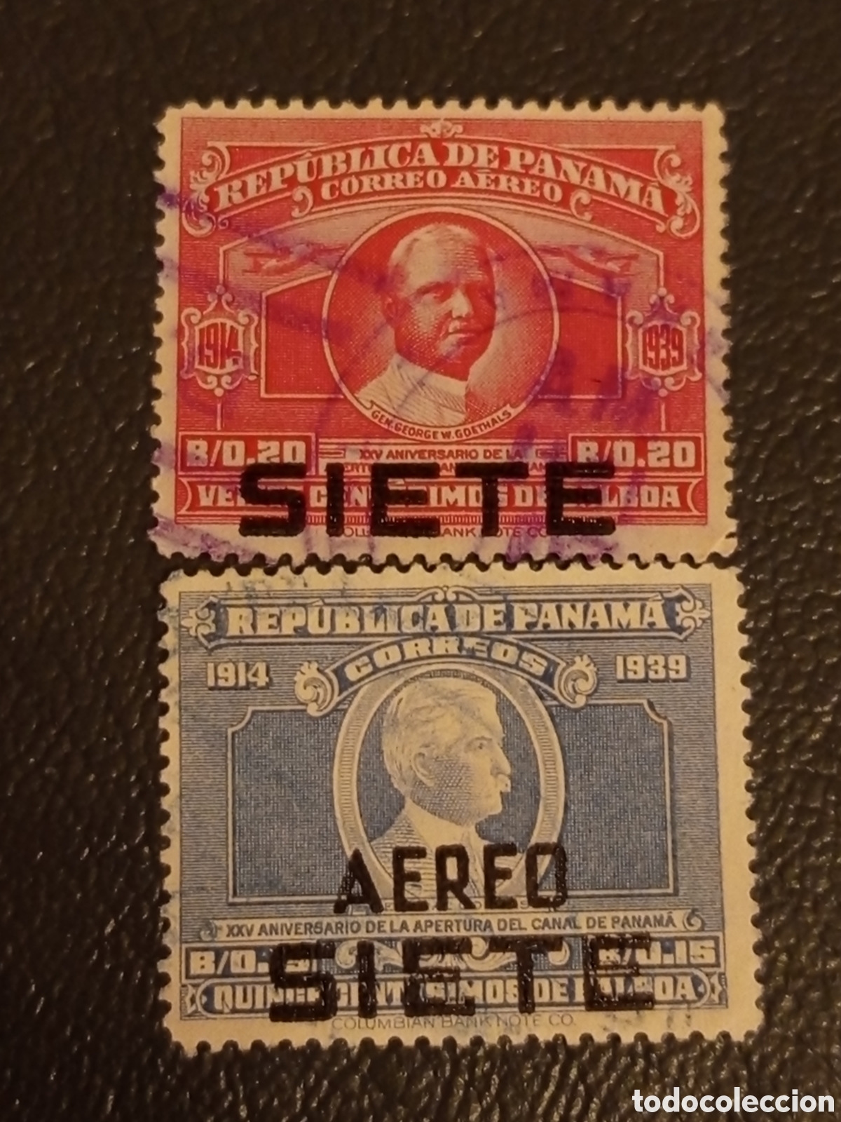 Sellos: Pareja de Sellos Panam&aacute; 1939 - XXV Aniv. Canal Sobrecarga &rdquo;SIETE&rdquo; - Scott #350 / #C53