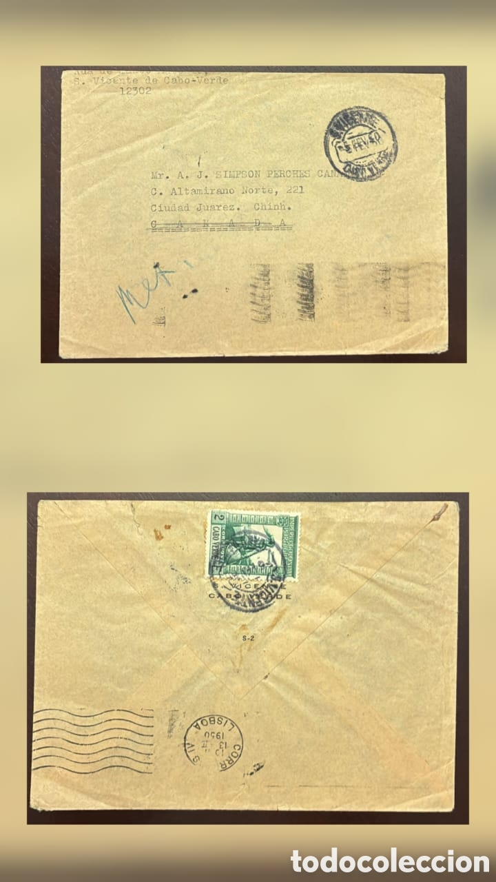 Sellos: CA)Cape Verde.1930. Transatlantic Airmail. Envelope sent from S&atilde;o Vicente, Cabo Verde to Ciudad Ju&aacute;r
