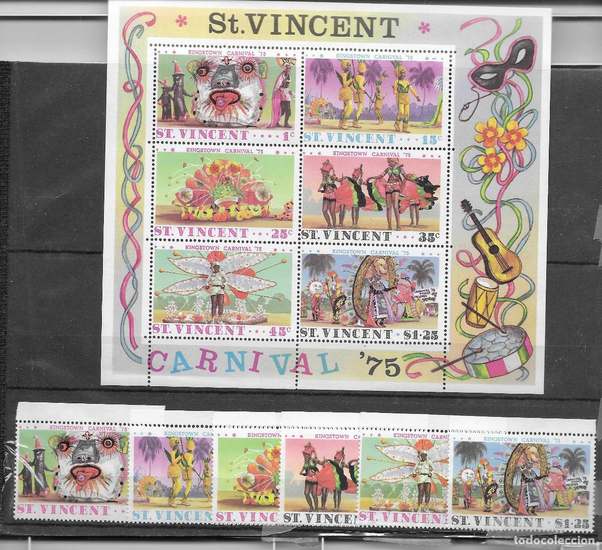 Sellos: Serie completa y hoja bloque nuevas de San Vicente del Carnaval. 1975