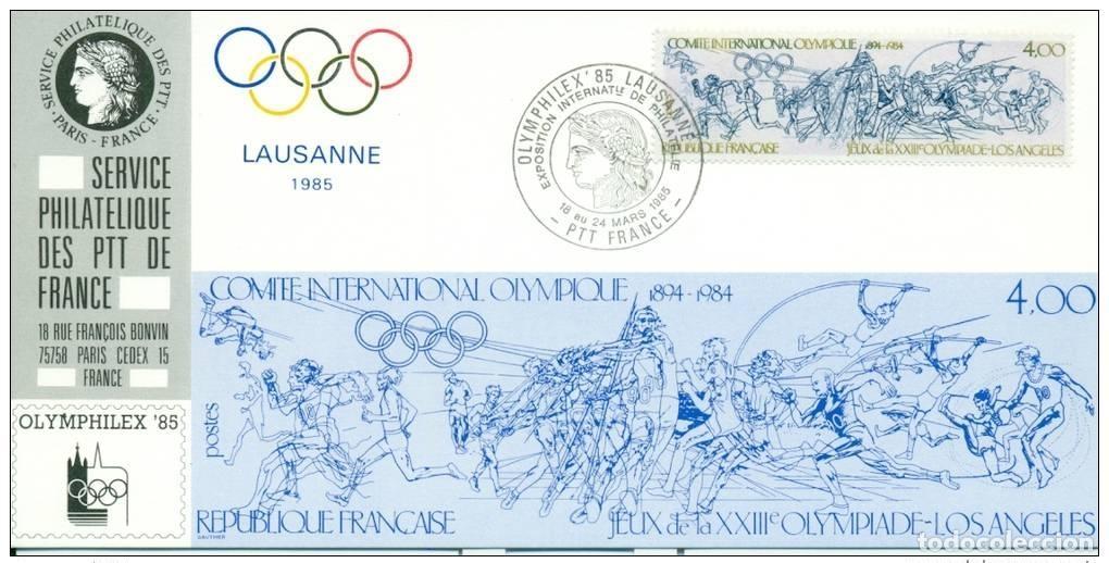 Sellos: Tarjeta oficial de exhibici&oacute;n Olymphilex 010 para los Juegos Ol&iacute;mpicos Francia 1985