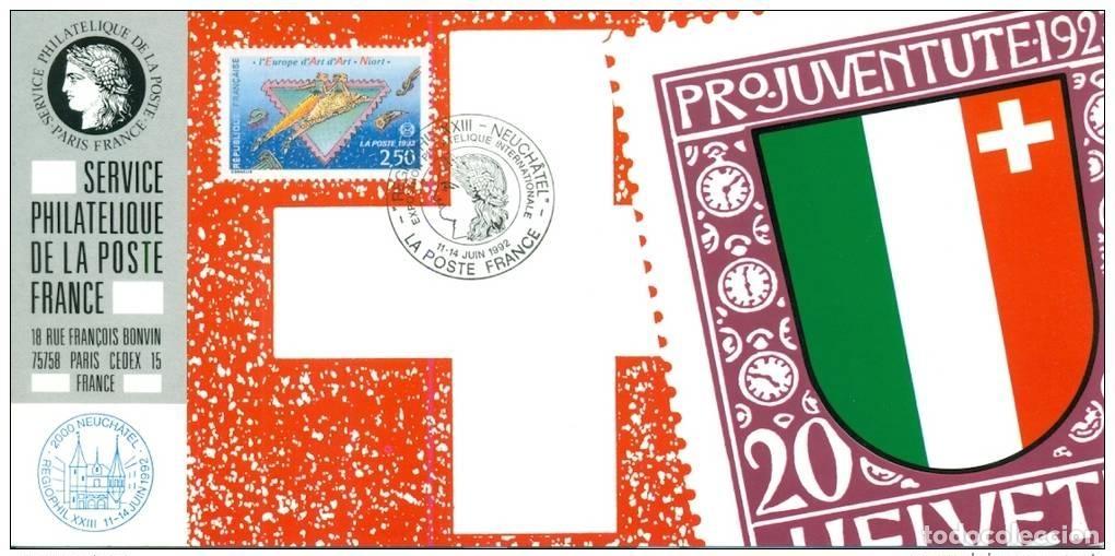 Sellos: 092 Mapa oficial de la Exposici&oacute;n Neuchatel 1992 Francia FDC Pro Juventute Europe
