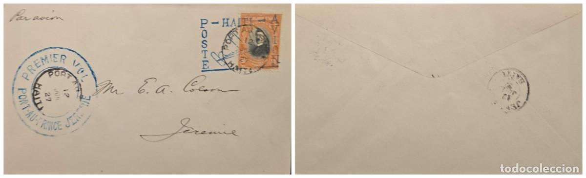 Sellos: O) 1927 HAITI, LOUIS BORNO, PRESIDENT, SCT 318 50c orange, POSTE HAITI AVION CANCELLATION, CIRCULAT
