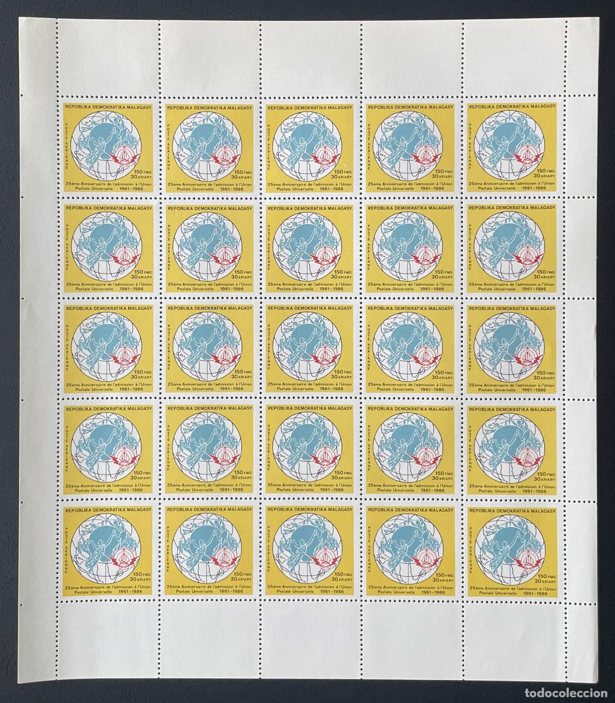 Sellos: Madagascar 1986 YT PA 192 bloque UPU Uni&oacute;n Postal Universal globo
