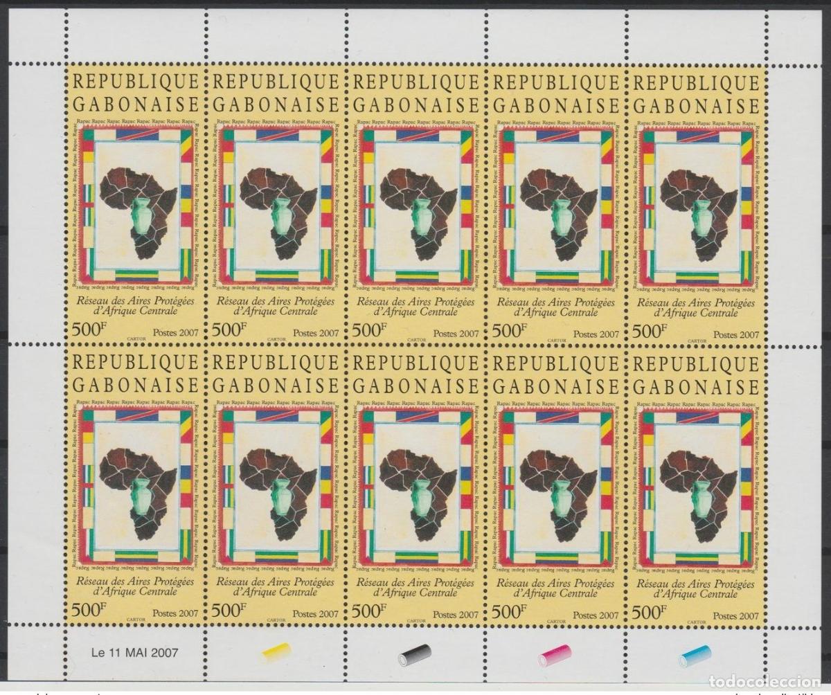 Timbres: Gab&oacute;n 2007 Mi. 1684 Red de &Aacute;reas Protegidas &Aacute;frica Central Mapa banderas
