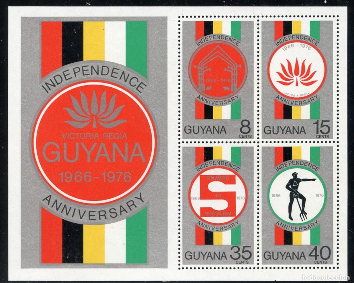 Sellos: GUYANA 1976 SHEET MNH VICTORIA REGIA ANIVERSARIO DE LA INDEPENDENCIA BANDERAS FLAGS