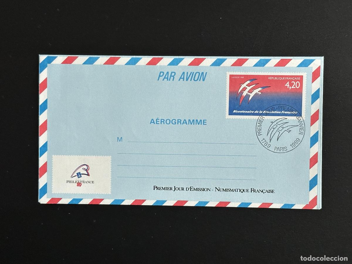 Sellos: Aerogram Francia 1989 Revoluci&oacute;n del Bicentenario 420F FDC Par&iacute;s PhilexFrancia 89