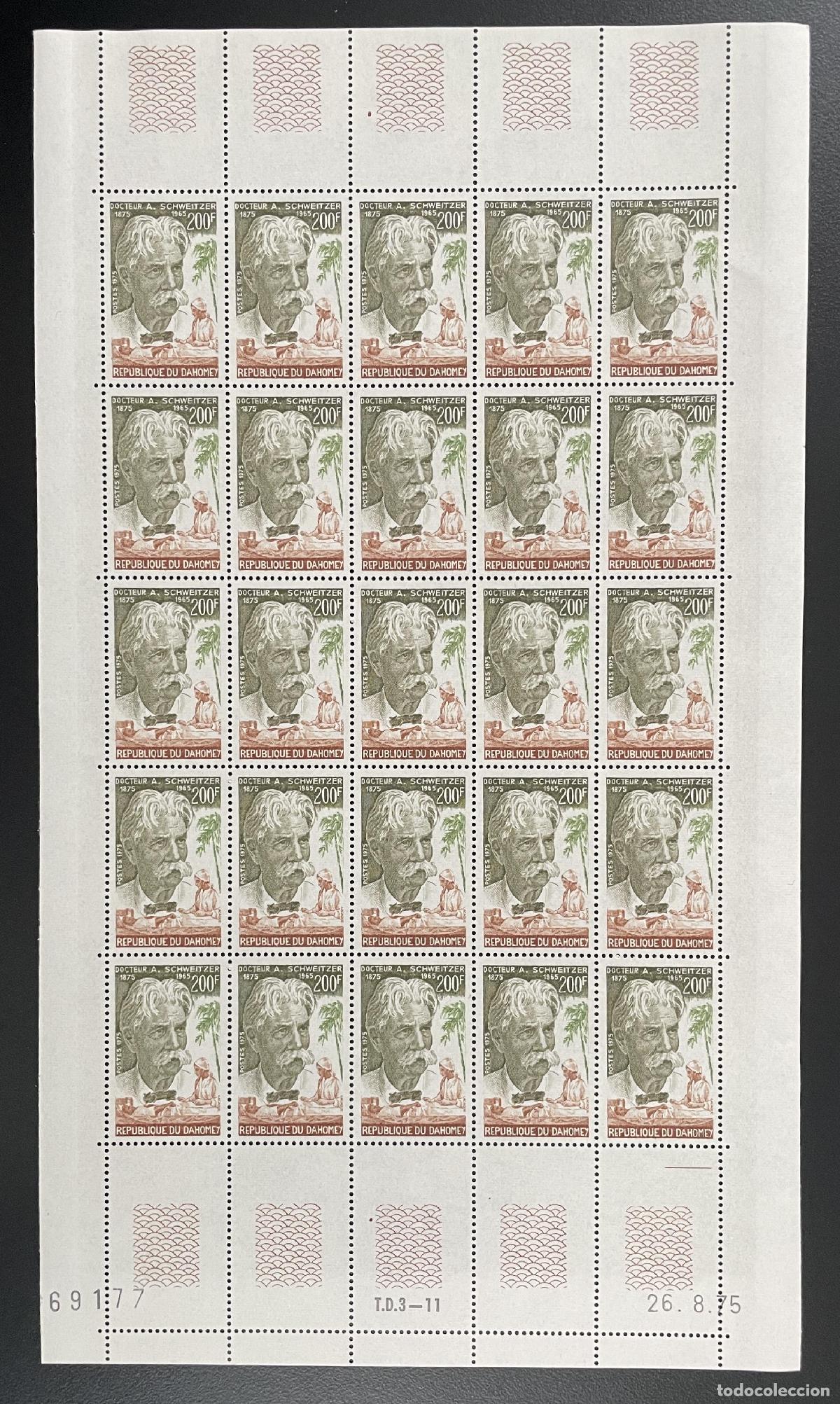 Sellos: Dahomey 1975 YT 355 tabl&oacute;n Albert Schweitzer m&eacute;dico humanitario &Aacute;frica