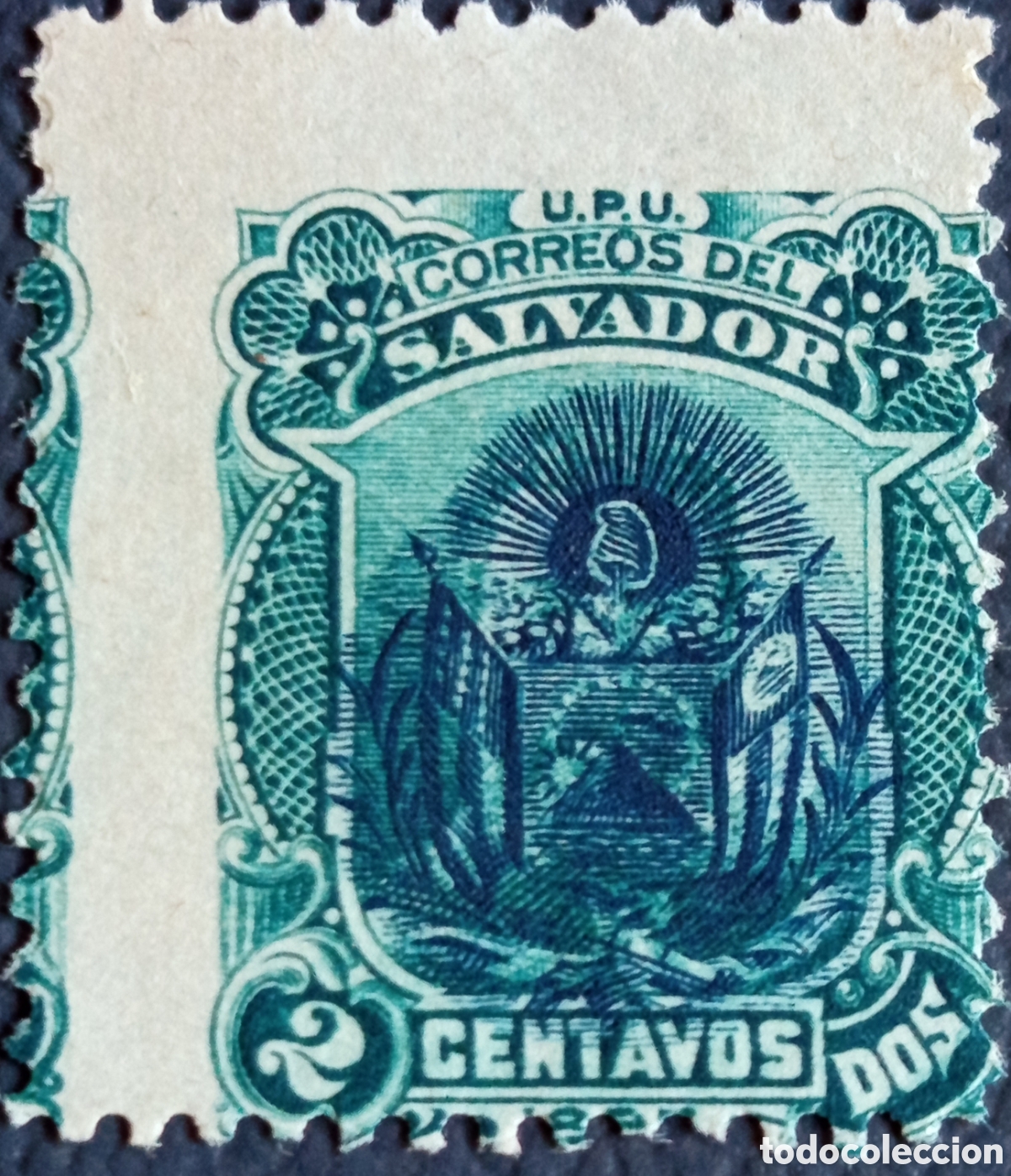 Sellos: El Salvador 1895 2c escudo UPU monograma azul A053 MH con sello adyacente Scott 106