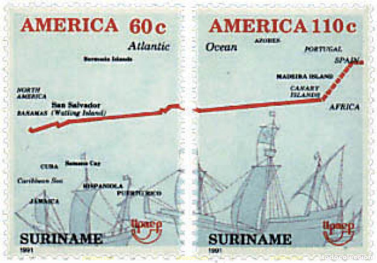 Sellos: 30969 MNH SURINAM 1991 AMERICA-UPAEP 1991 - VIAJES DEL DESCUBRIMIENTO