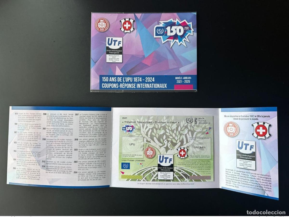 Sellos: Carpeta de muestras Union Timbrogique Fribouroise UPU Abidjan 150 a&ntilde;os con cup&oacute;n IRC