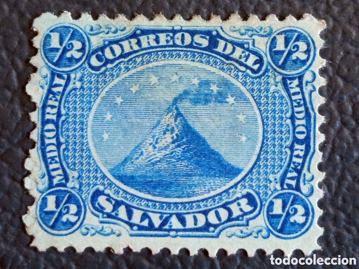 Sellos: El Salvador 1867 &frac12; Real Volc&aacute;n Azul Scott #1 Correos del Salvador MH