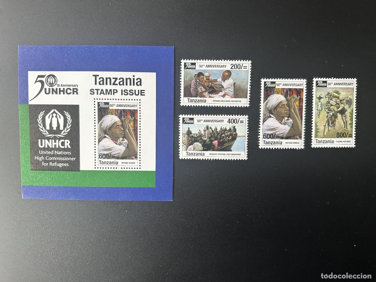 Sellos: Tanzania 2001 Mi. 4027 - 4030 Bl. 531 Barco de vacunaci&oacute;n para refugiados 50 a&ntilde;os del ACNUR